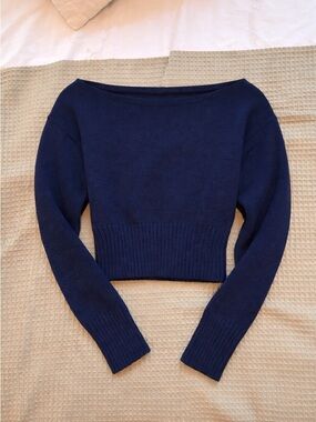 Navy Rib-Band Cropped Boatneck Sweater - Women